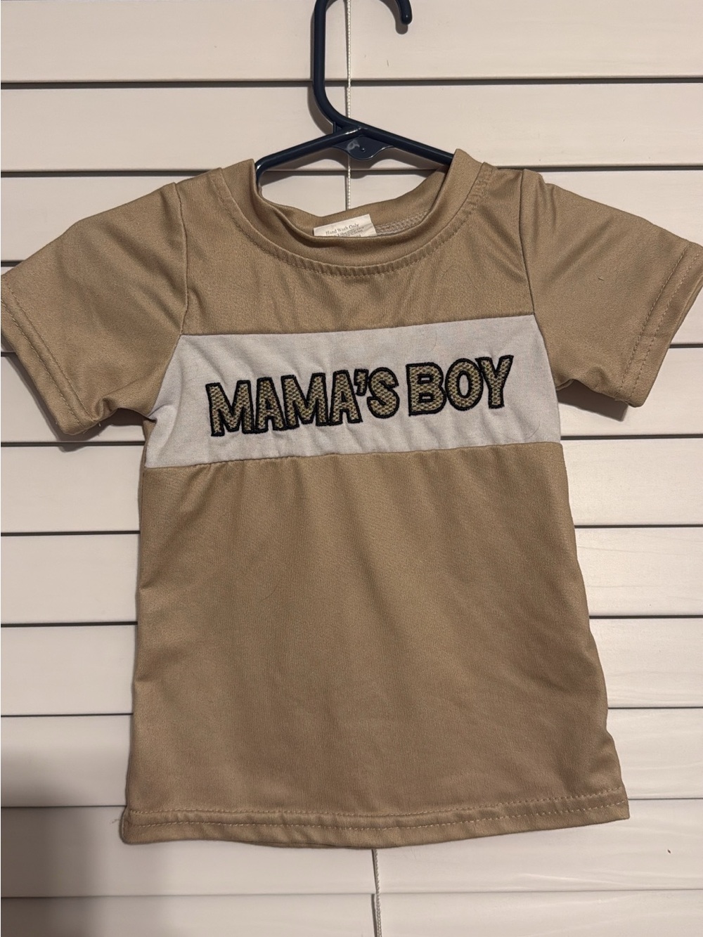 Amazon Tan Tee with White Chest Panel and 'MAMA'S BOY' Applique
